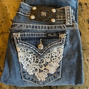 Miss Me crochet lace flap back bootcut 27 jeans denim